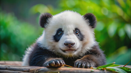 Fototapeta premium Adorable baby panda in a playful pose , panda, cub, animal, wildlife, cute, furry, black and white, bamboo, nature, endangered