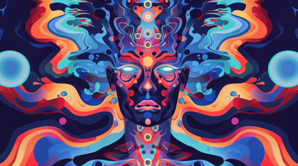This artwork showcases a human figure with illuminating eyes, enveloped by dynamic, colorful swirls and cosmic designs that evoke a sense of wonder