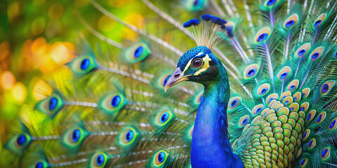 Obraz premium Majestic of a peacock, bird, colorful, feathers, vibrant, majestic, wildlife, exotic, animal, nature, beautiful, elegance, plumage