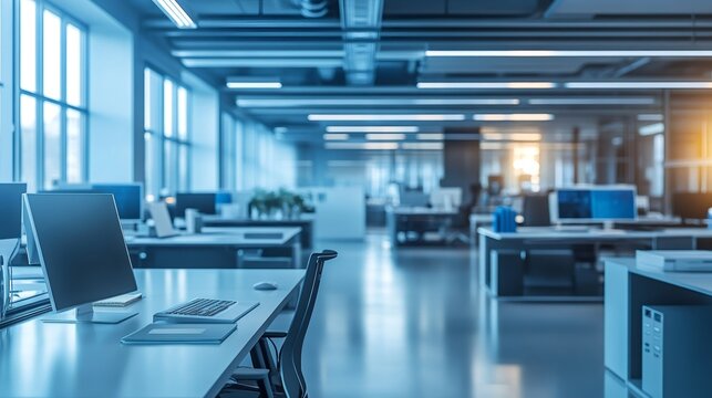 Modern empty office workspace with a computer monitor, keyboard, and a chair in the foreground.  A desk in the background is out of focus.