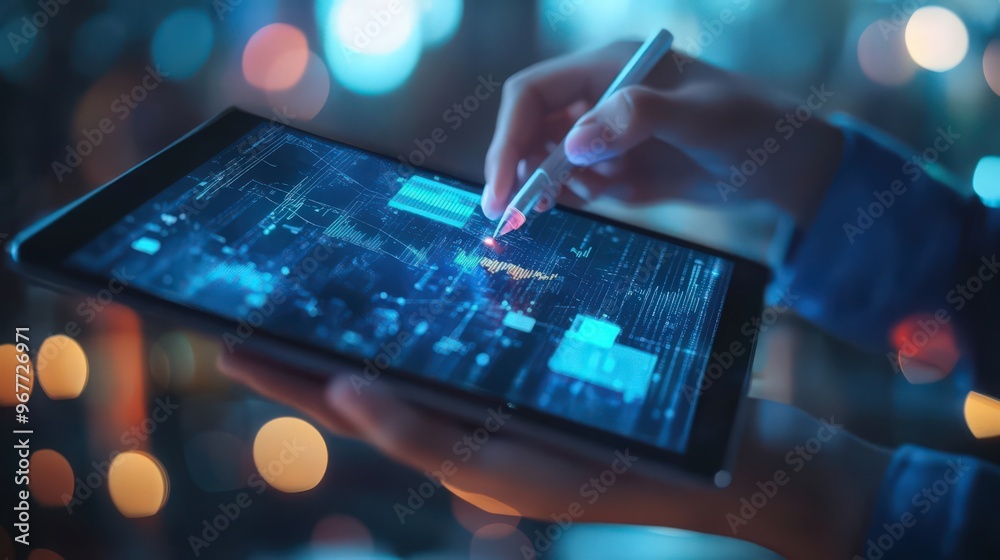 Poster data science experts use digital tablets to handle big data, applying ai and digital technology for 