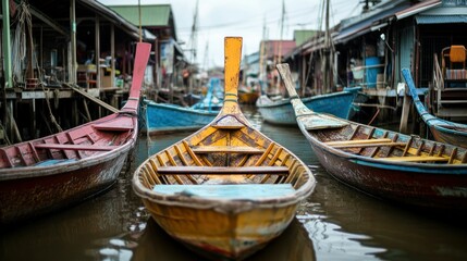 Obraz premium A serene scene of colorful boats moored in a calm waterway, reflecting a peaceful lifestyle.