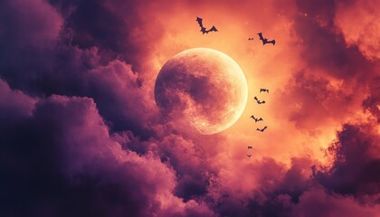 Obraz premium Illustration of a Spooky Moonlit Sky with Dark Clouds and Flying Bats