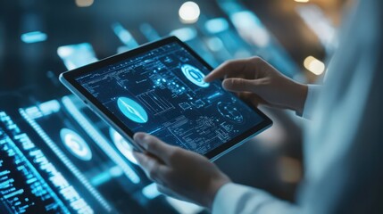 Data science experts use digital tablets to handle big data, applying AI and digital technology for optimized data management and analysis
