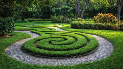 Stone Path Winding Through a Lush Green Garden with Spiraled Grass