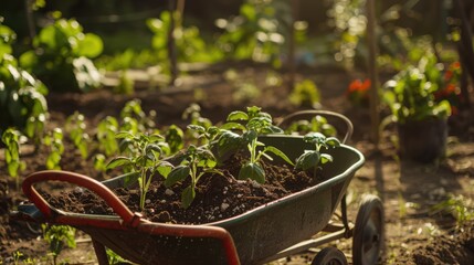 Wheelbarrows filled with freshly dug soil and seedlings, ready to plant the first crops of the season in sun-warmed gardens.