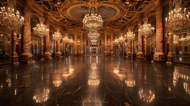 A large ballroom with chandeliers and a lot of lights