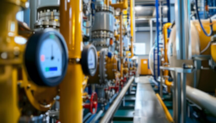 Fototapeta premium Blurred factory floor with metal pipes, machinery, and equipment,technological unit with many sensors,indicators and valves.