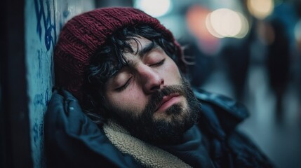 Fototapeta premium A man sleeping peacefully against a wall in an urban setting, reflecting vulnerability.