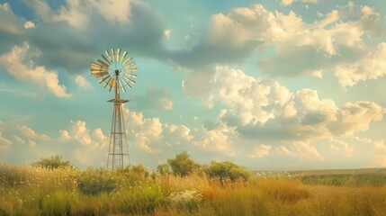 Windmills spinning gently in meadows, their rustic charm and slow rotation capturing the essence of pastoral springtime.