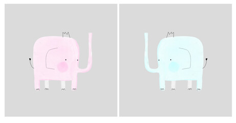 Cute Nursery Vector Art with Light Pink and Pastel Blue Baby Elephants on a Light Gray Background. Baby Shower Print ideal for Card, Wall Art, Poster, Kids Room Decoration. Funny Elephants in Crown.