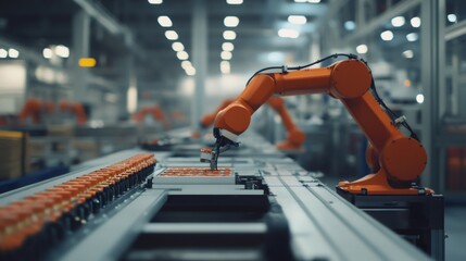 Close up of orange robotic arm in factory setting working on an assembly line placing components.