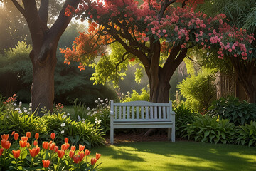 Obraz premium Serene morning in a tranquil garden, filled with soft sunlight, blooming flowers, and the gentle rustling of leaves, evoking peace and calm