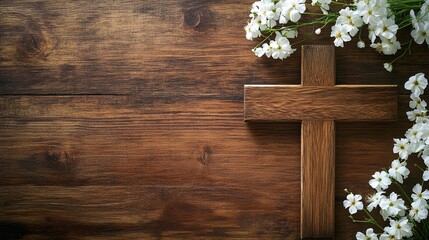 serene and graceful funeral invitation template with a wooden cross and white flowers, designed to offer a simple yet dignified space for tribute