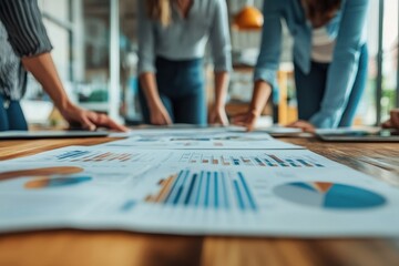 Team of professionals analyzing a business plan in a modern office setting, teamwork and collaboration concept. 