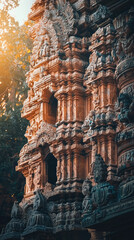 Obraz premium A stunning image of Hindu temple showcasing intricate carvings and architectural details, illuminated by warm sunlight. craftsmanship reflects deep cultural significance and artistry