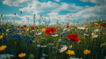 A vibrant field of wildflowers under a blue sky, showcasing nature's beauty and diversity.