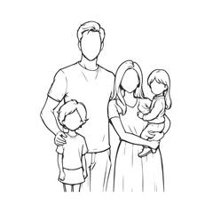 Black Sketch Line Drawing of Happy Family Together Standing Position. Mother, Father and Daughter and Son Vector Cartoon Illustration Linear Style.