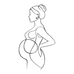 Pregnant Woman Silhouette Vector Line Art Drawing. Pregnancy Concept Black Sketch Outline Drawing Minimalist Illustration for Modern Graphic Design