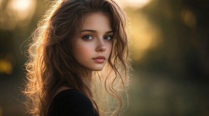 Fototapeta premium A serene portrait of a young woman with flowing hair, set against a soft, natural background.