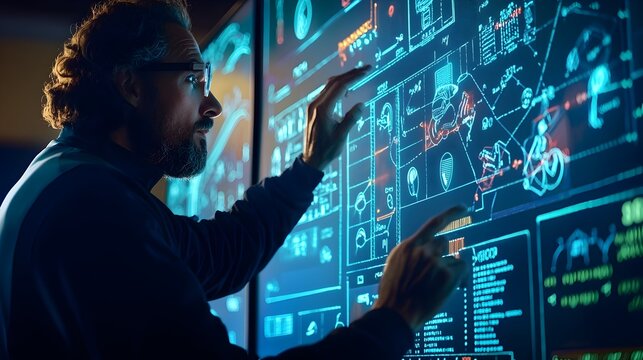 Coach Directing Players on High-Tech Interactive Digital Board for Football Strategy