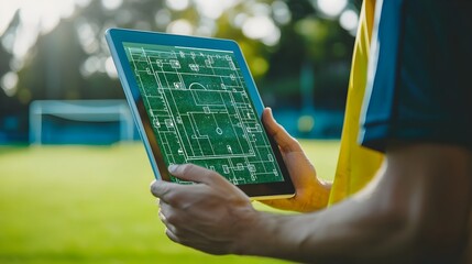 Coach Holding Digital Strategy Board for Football Team on Outdoor Field