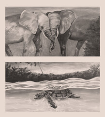 Naklejka premium Acrylic on canvas. Two elephants with turtle.