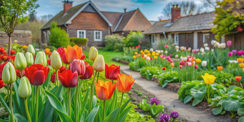 Village garden bursting with colorful tulips and thriving vegetables, village, garden, tulips, flowers, vegetables, spring