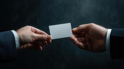 Closeup of hands exchanging business cards during a corporate meeting, networking, business interaction