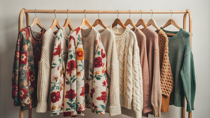 Cozy fall and winter clothing rack featuring sweaters and floral prints, fall, winter, clothing, sweaters, floral prints