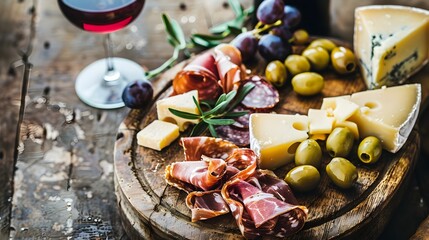 Rustic Italian Antipasto Platter with Parmigiano Reggiano Prosciutto and Olives on Wooden Table