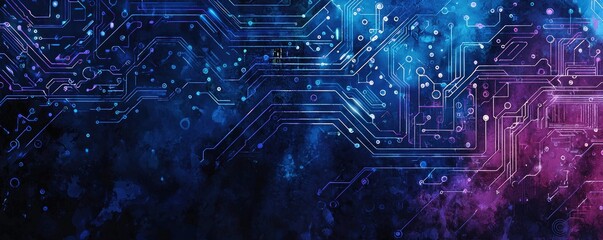 Fototapeta premium Abstract Digital Circuitry - Neon Glowing Lines and Grunge Texture.