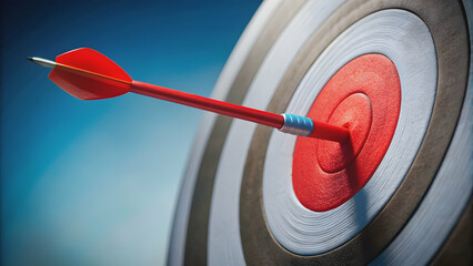 Closeup of a red arrow hitting the center of a target, bullseye, precision, accuracy, success, goal