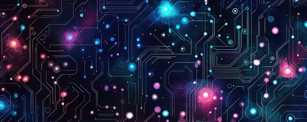 Cosmic Circuitry Abstract Watercolor of Technology and Space.