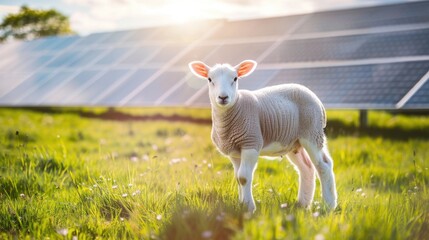 Fototapeta premium A young lamb stands in a grassy field with solar panels in the background. The scene evokes a sense of harmony between nature and technology.