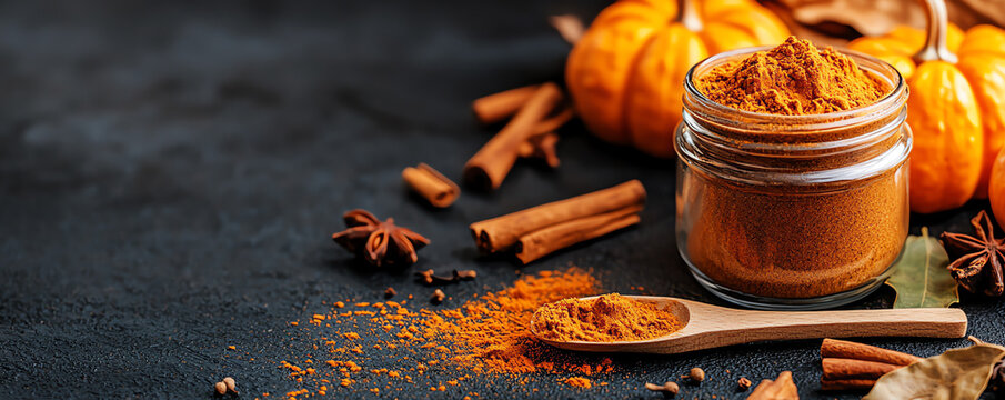 A cozy arrangement of pumpkin spice in a jar, surrounded by pumpkins and cinnamon on a dark background for autumn vibes.