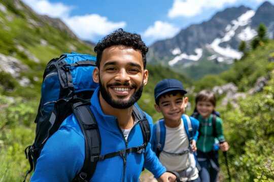 A family hiking in nature, taking a break from technology to reconnect with the earth and promote physical and mental health