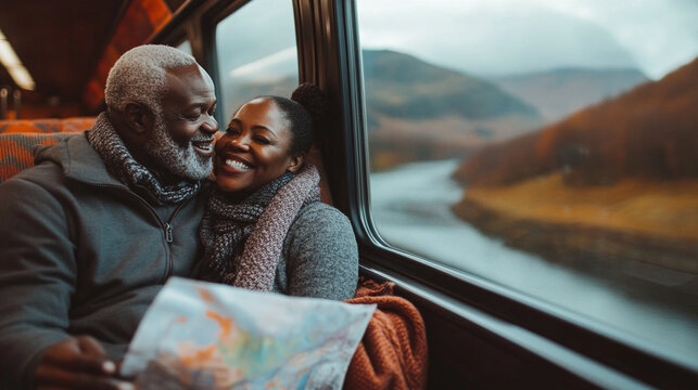 Happy senior couple enjoying a scenic train journey, sharing a map and enjoying their time together.