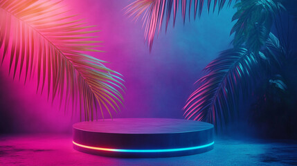 A vibrant stage setup with neon lighting and tropical foliage in an atmospheric setting, ideal for performances or presentations