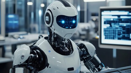 Close-up of a humanoid robot with blue glowing eyes, looking straight ahead with a blurred background.