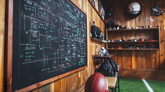Football Coach's Strategic Game Plan Board in Locker Room