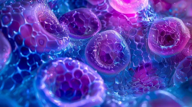 A vibrant microscopic view of plant cells featuring hexagonal patterns in shades of purple and blue, ideal for educational materials, scientific publications, or biotechnology marketing,