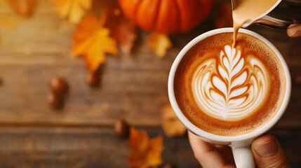 A cozy cup of latte art with autumn leaves and a pumpkin setting, perfect for seasonal vibes and coffee lovers.