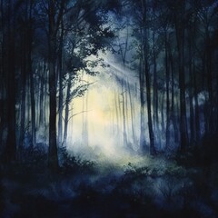 Fototapeta premium Whispers of the Woods A Mysterious Watercolor Forest.