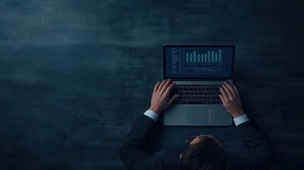 Fototapeta premium Overhead view of businessmen working on laptops with financial graphs and spreadsheets, teamwork, financial analysis