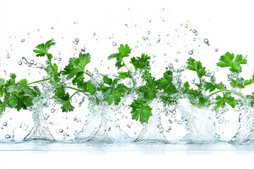 Fresh green parsley falling into water splashing on white background