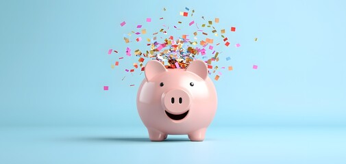 Celebrating Payday! A Piggy Bank Overflowing with Colorful Confetti on a Bright Blue Background. Pay Day Concept