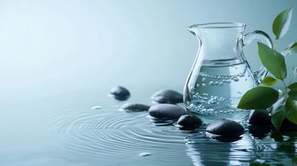 Ad template of a water filter pitcher on ripple water with stones and leaves. Hydration focus.
