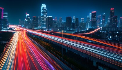 Vibrant Nighttime Cityscape with Light Trails from Fast-Moving Vehicles on a Bustling Urban Highway