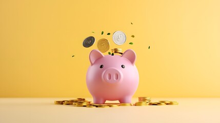 The Joy of Saving: A Piggy Bank Welcoming Coins and Growth in a Bright Yellow Environment. Pay Day Concept